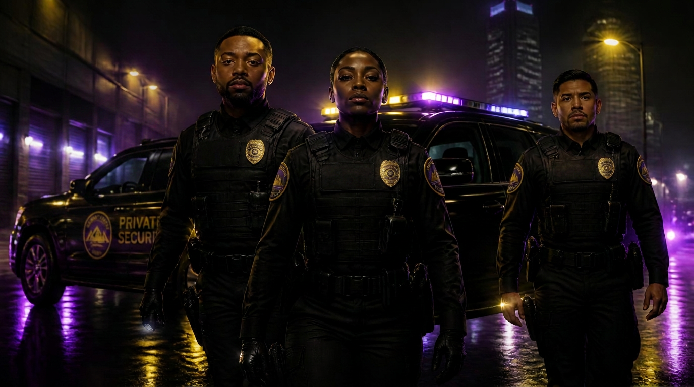 Summit Force security officers with a marked patrol SUV at night