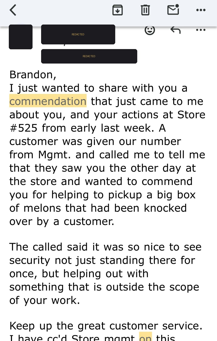 A grocery client wrote in after our officer stopped to help a customer with a load of melons. Names redacted — the standard isn't.