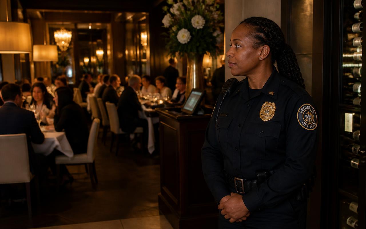 Uniformed security officer standing discreetly near the host stand of an upscale restaurant dining room