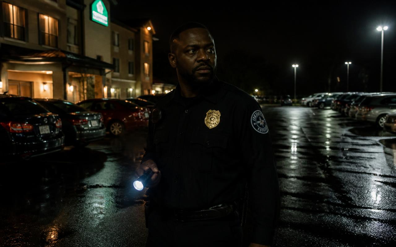 Security officer with a flashlight patrolling a hotel parking lot at night between parked cars