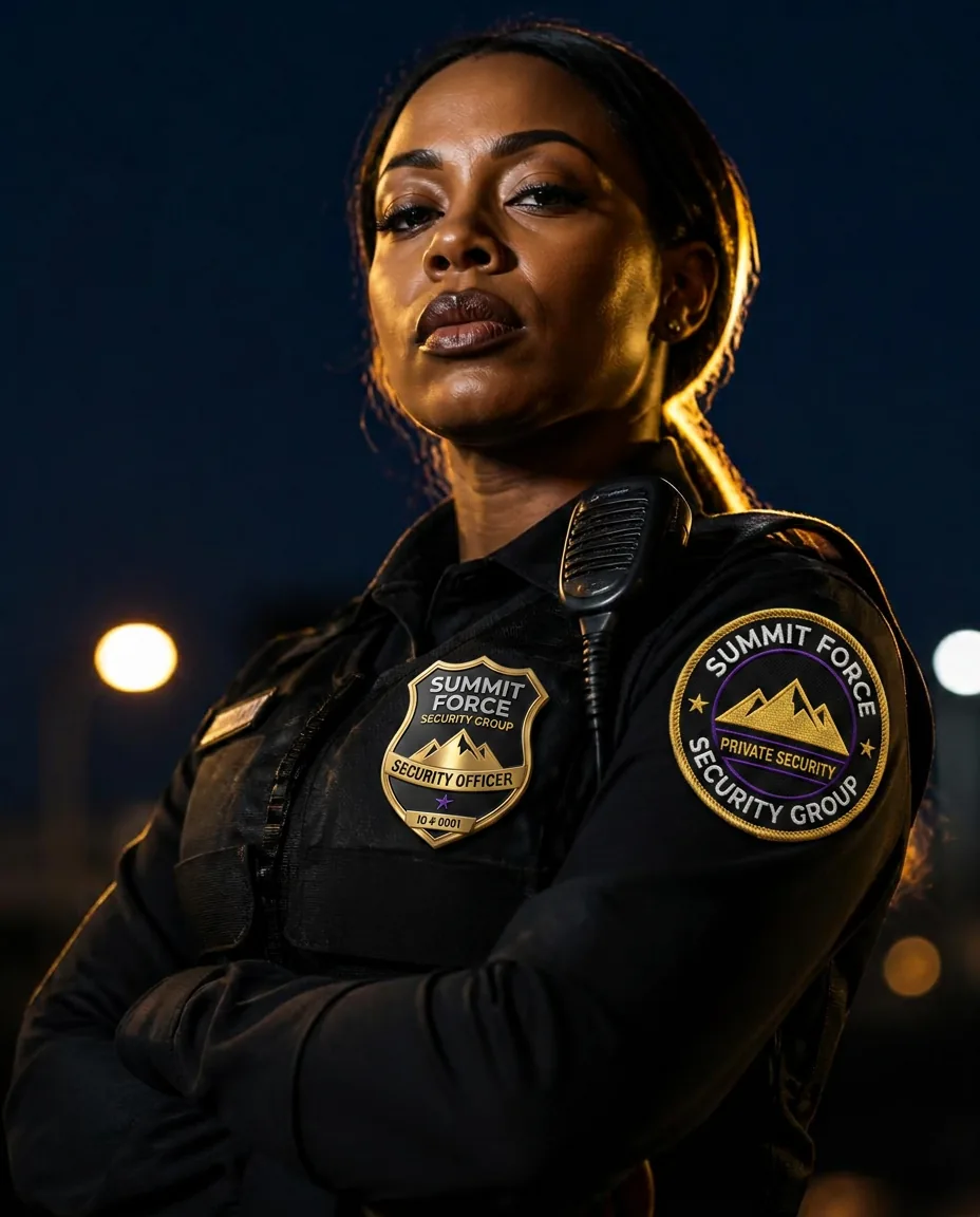Female Summit Force security officer holding a retail entry post in Folsom, CA