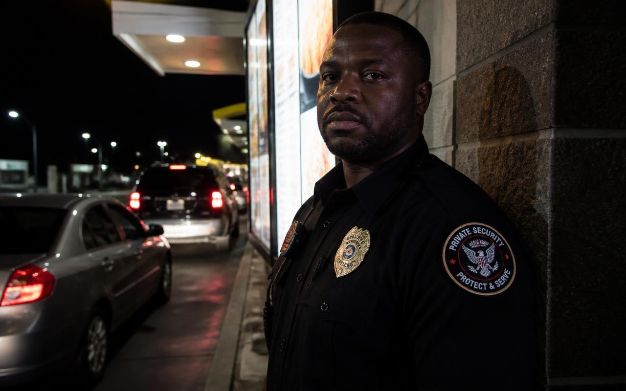 Summit Force security officer in uniform posted at a fast-food drive-thru lane at night