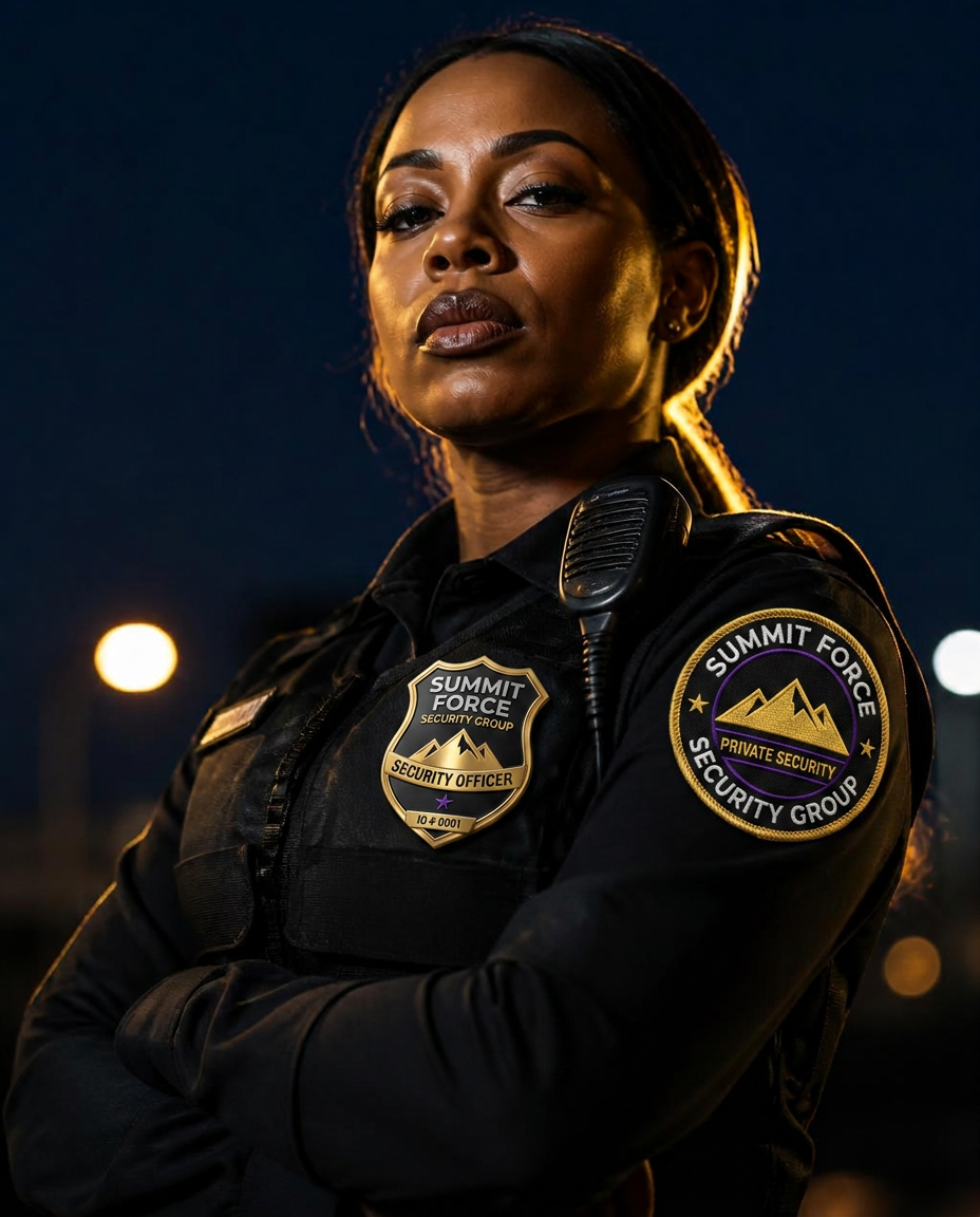 Female Summit Force security officer holding a retail entry post in Sacramento.