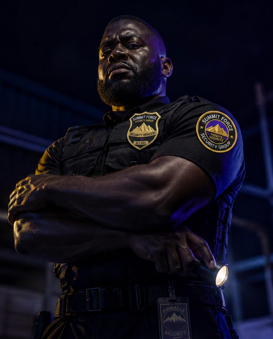 Uniformed Summit Force officer wearing the round shoulder patch and gold security officer shield badge.