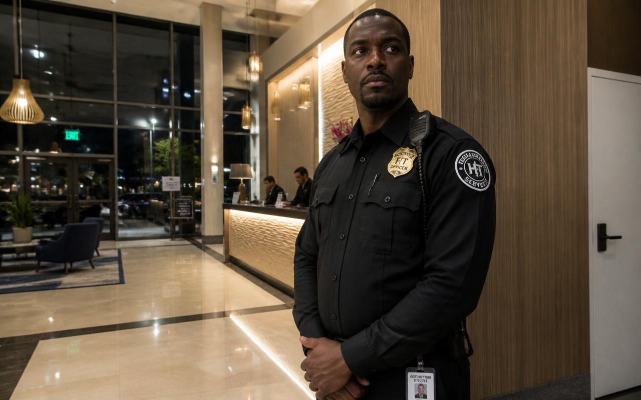 Security officer on post beside a hotel front desk in a modern lobby at night