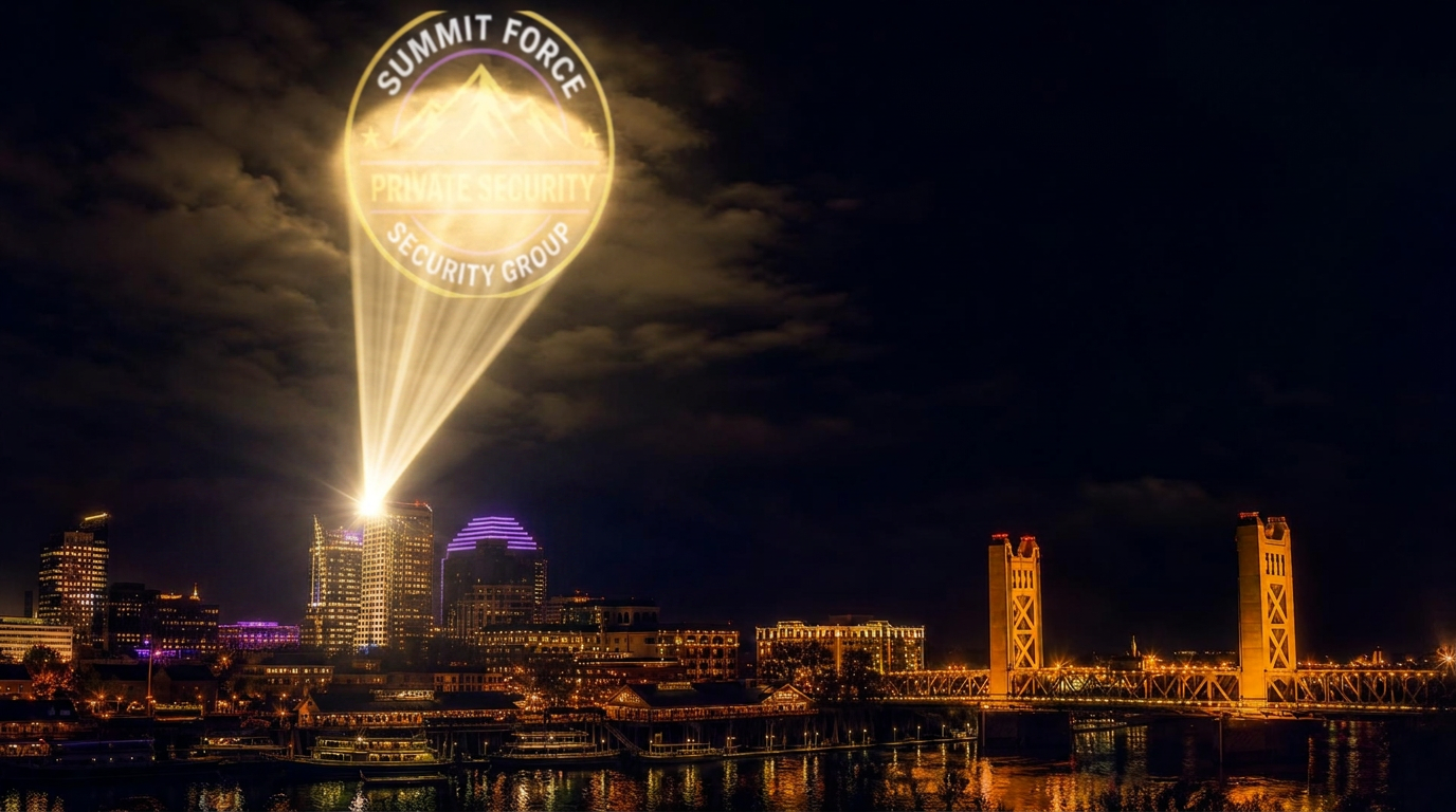 Summit Force seal projected over the night Sacramento skyline.