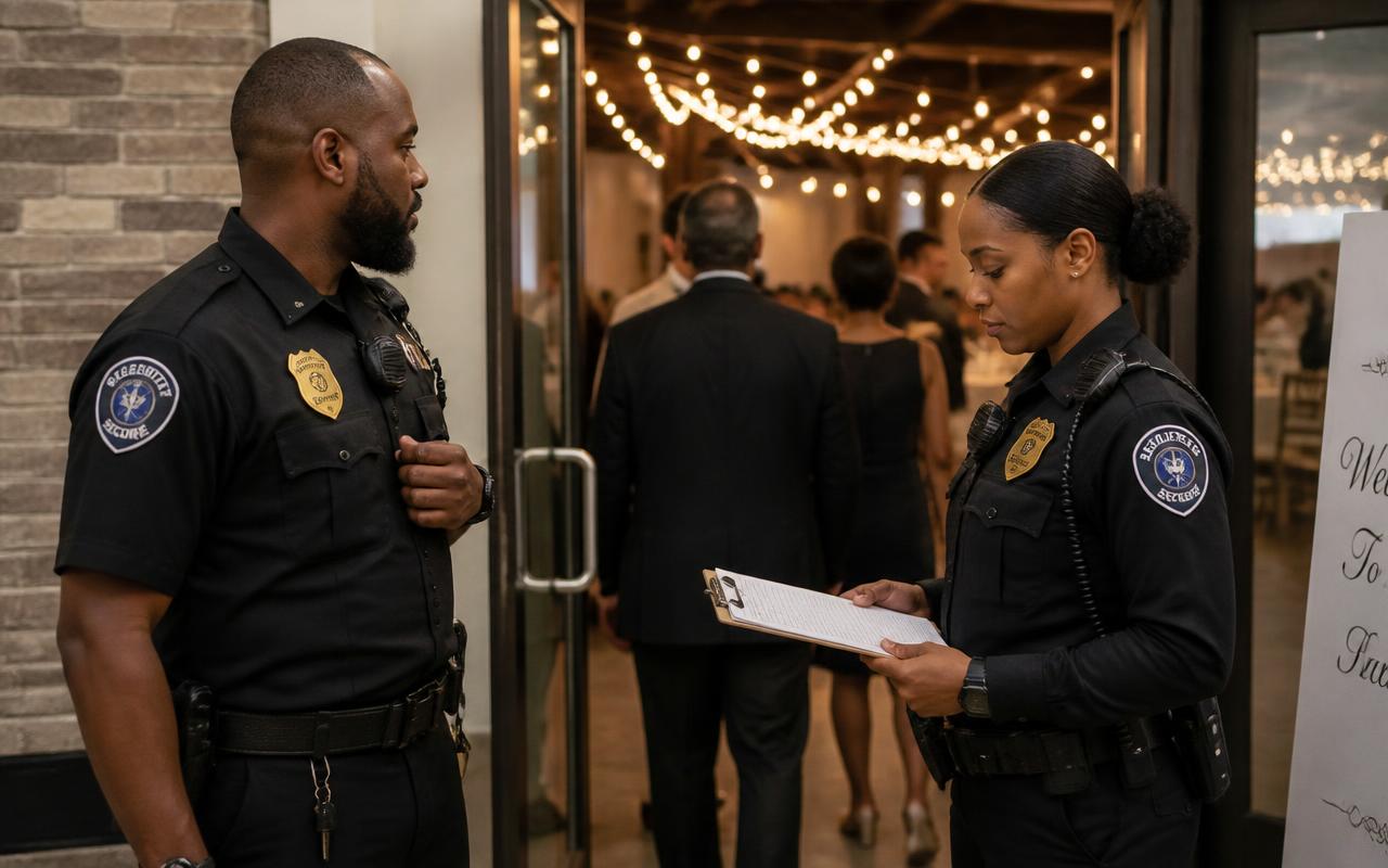 Two uniformed security officers working a guest list at the entrance of a hotel banquet hall event