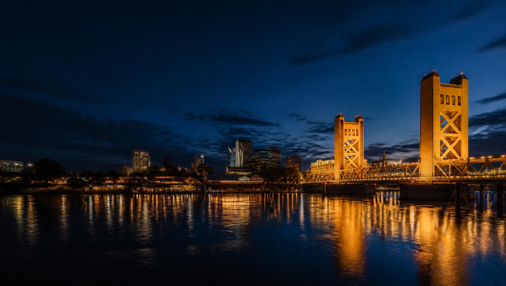 Night skyline of Sacramento, California — Summit Force home city.