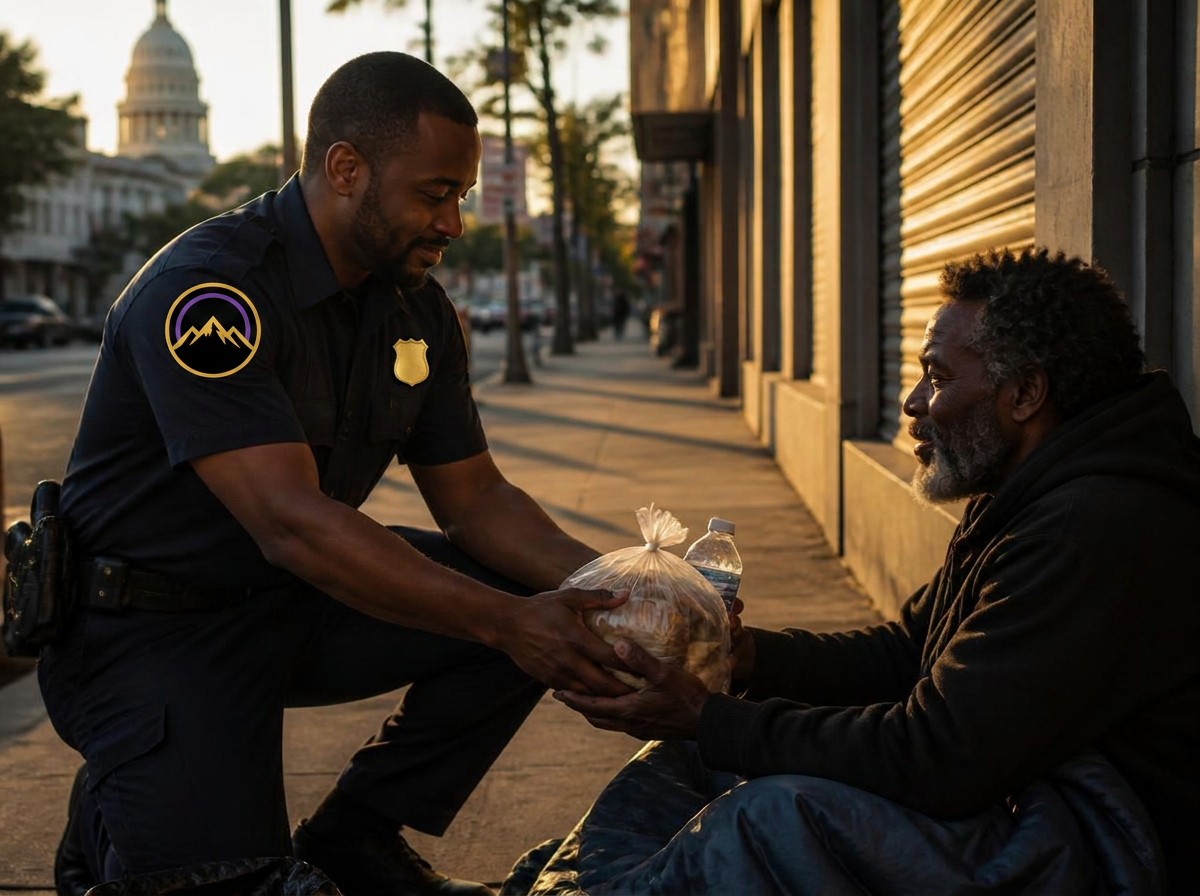 Our officers carry food and water on shift. Treating unhoused neighbors like people — not problems — is written into our post orders.
