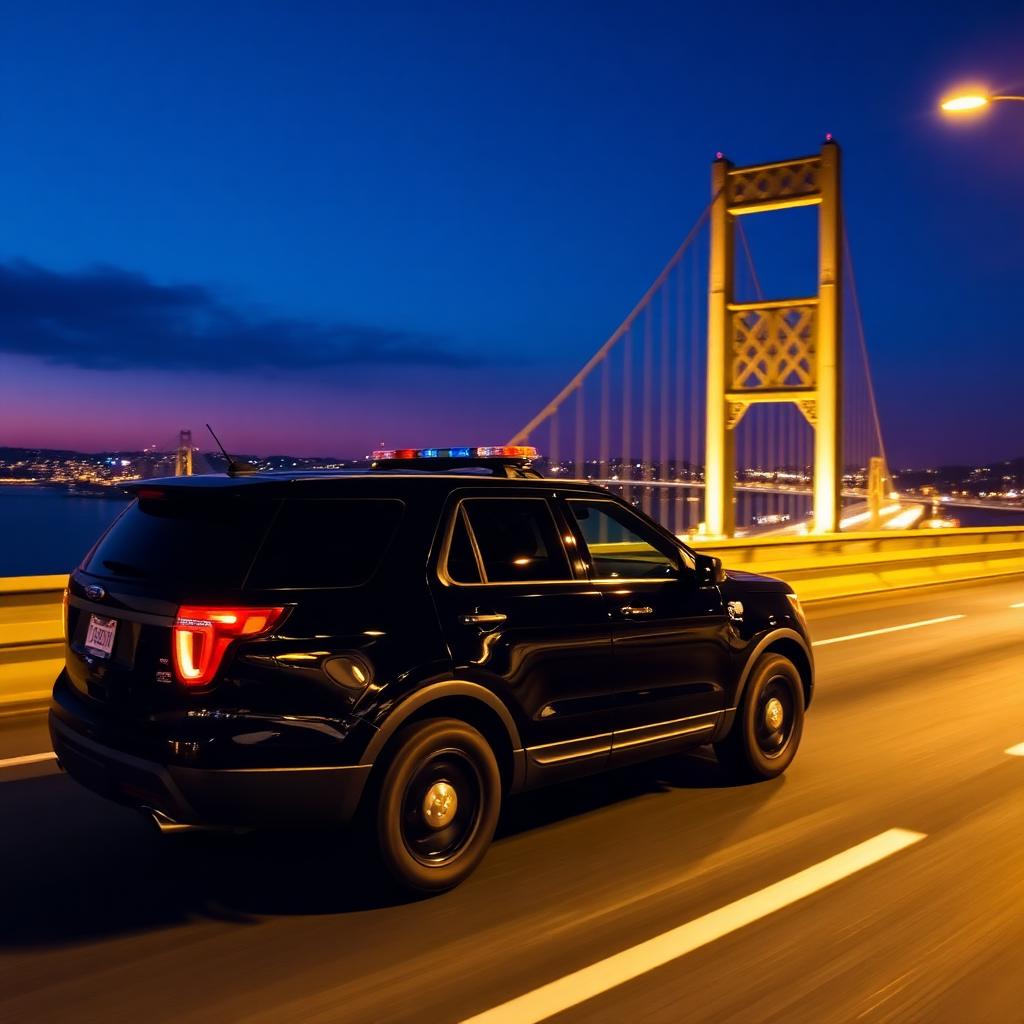 Patrol SUV speeding across a golden Sacramento bridge at night with the skyline behind