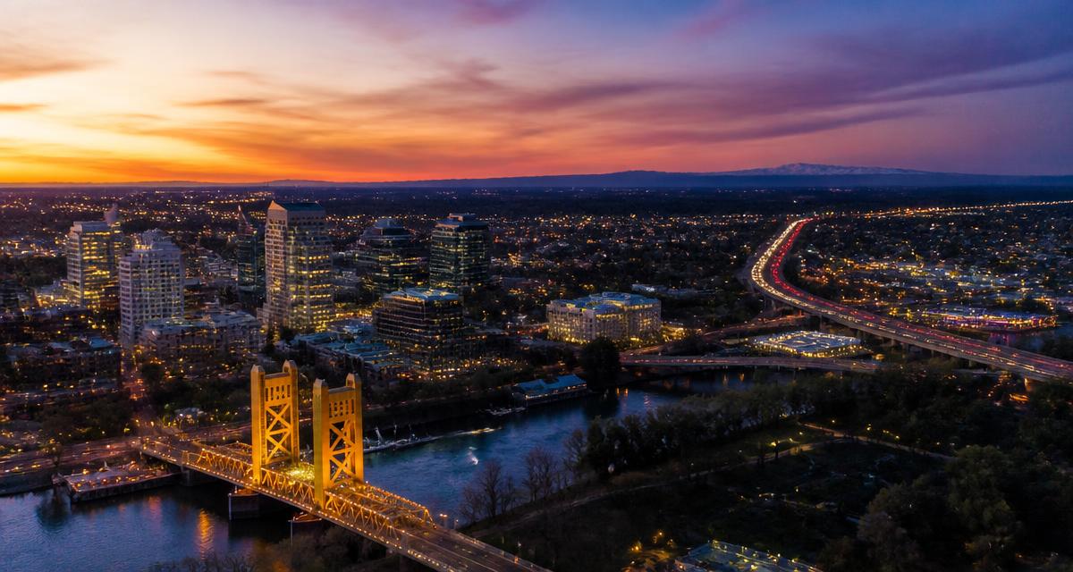 Aerial dusk view of the Sacramento skyline and Tower Bridge with suburban corridors stretching toward the Sierra foothills