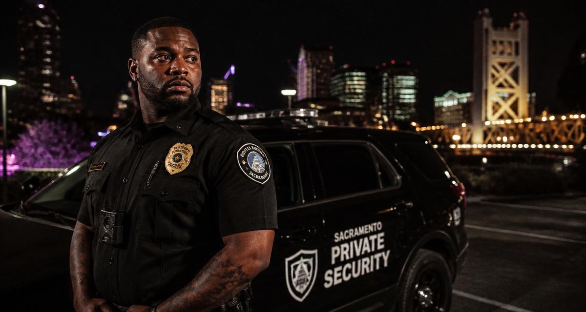 Summit Force security officer beside a marked patrol SUV with the Sacramento skyline and Tower Bridge at night