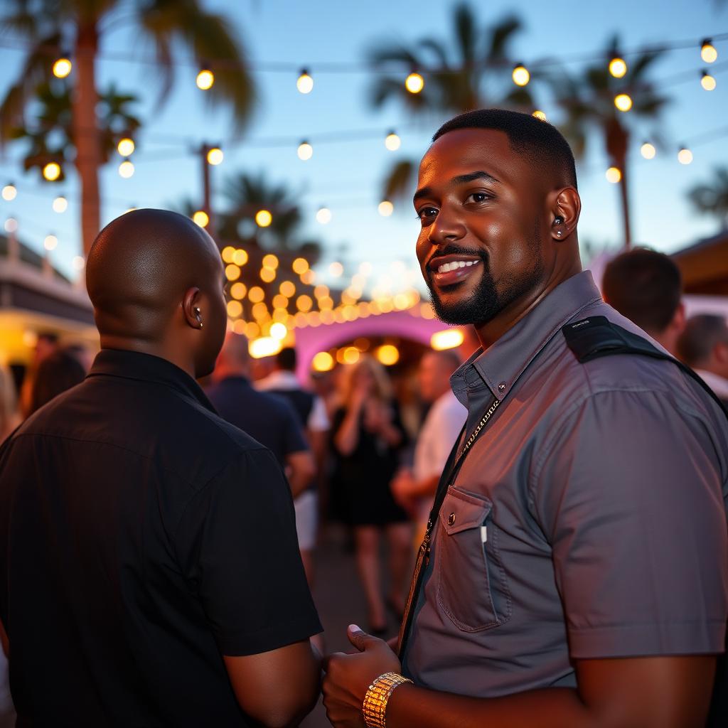 Professional security officer with earpiece managing guest entry at an outdoor Sacramento evening event