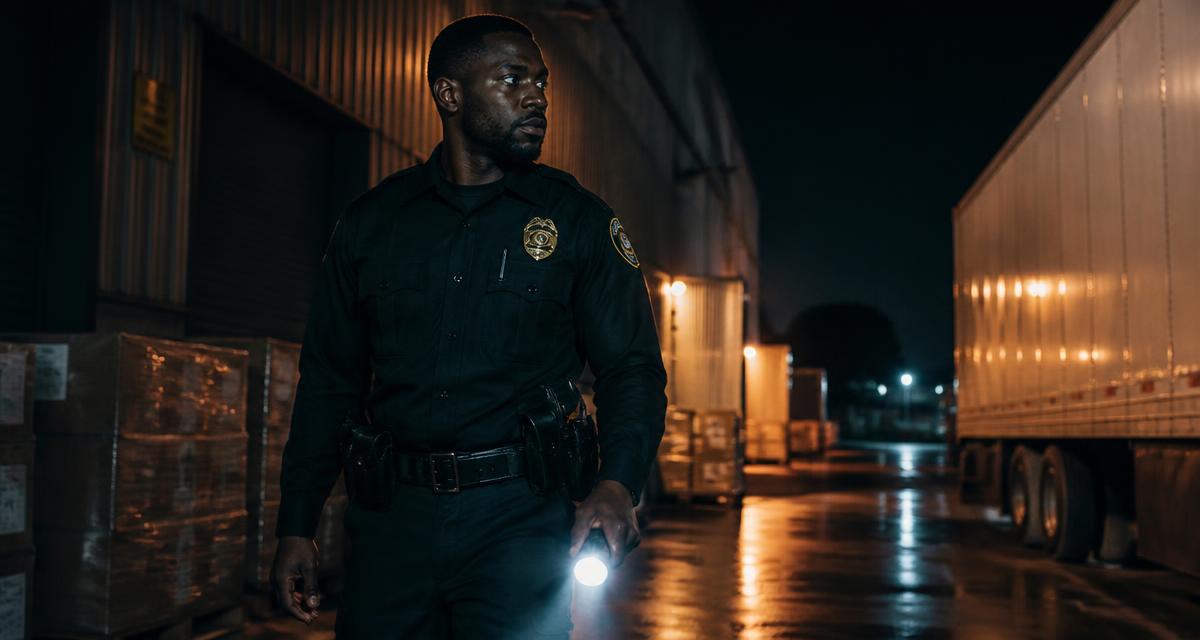 Security officer with flashlight patrolling a Sacramento warehouse loading dock at night
