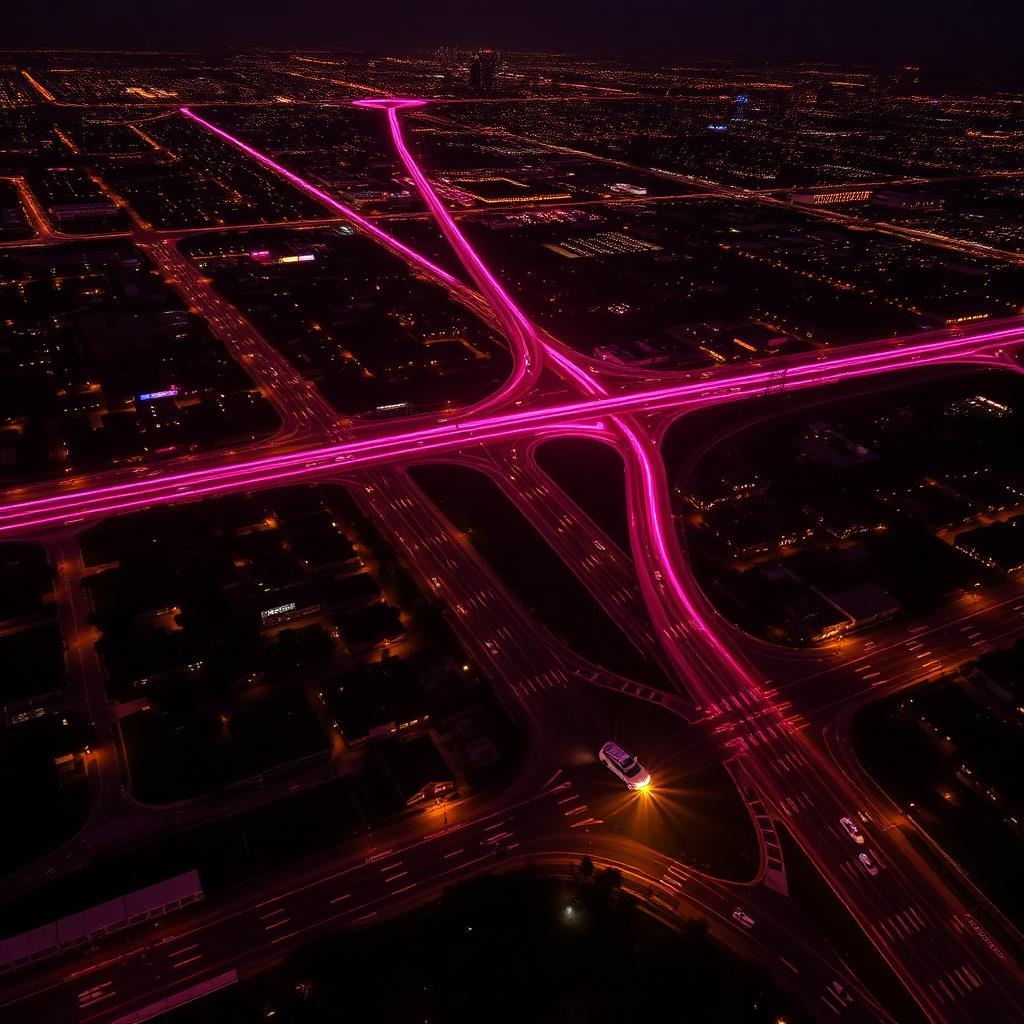 Aerial night view of Sacramento with glowing patrol route lines over the street grid