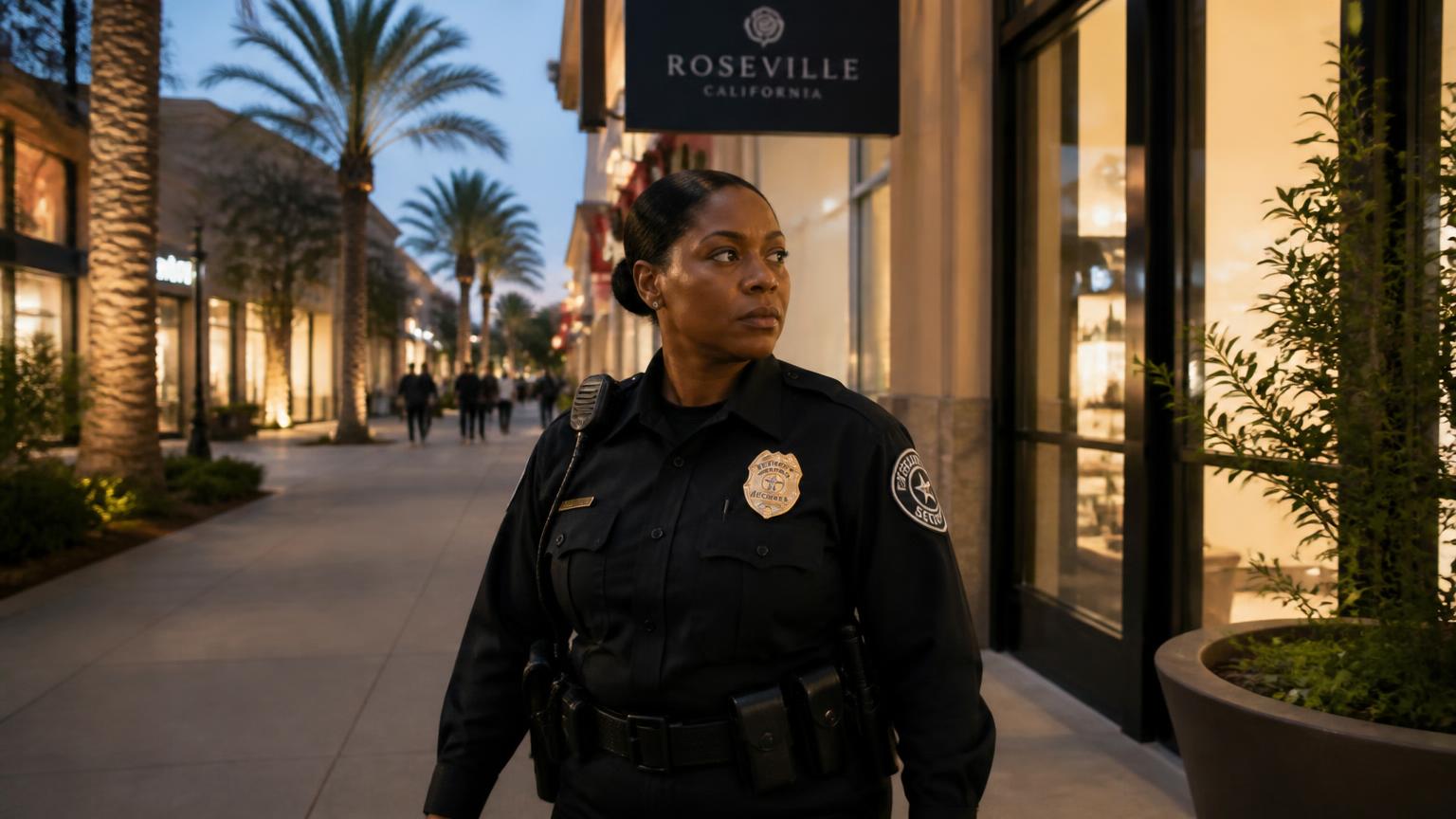 Summit Force officer on foot patrol at an upscale Roseville retail plaza